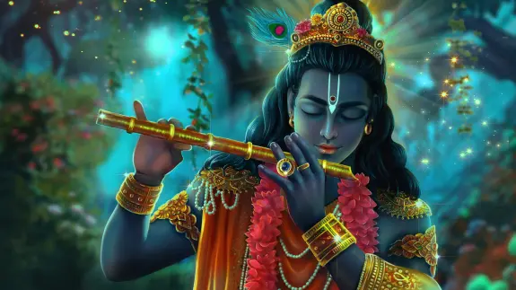 Krishna playing a golden flute, adorned with jewelry and flowers, surrounded by a mystical, glowing forest.
