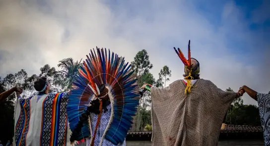 Two individuals in traditional attire, one with a colorful feathered headdress, stand with arms raised against a cloudy sky.