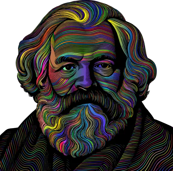 Colorful, swirling lines form a stylized portrait of a bearded man with intense eyes and a thoughtful expression.