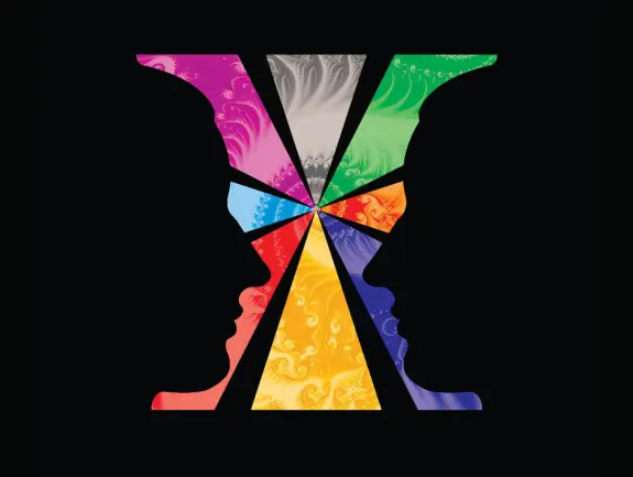 Two silhouetted faces in profile, framed by vibrant, swirling colors forming a star-like pattern.