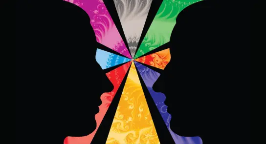 Two silhouetted faces in profile, framed by vibrant, swirling colors forming a star-like pattern.