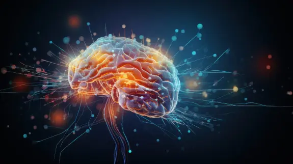 Glowing, colorful brain with radiant connections and particles against a dark background, symbolizing neural activity.