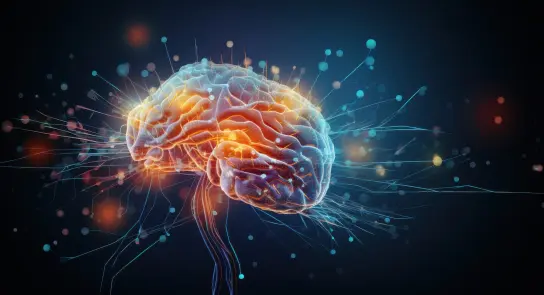 Glowing, colorful brain with radiant connections and particles against a dark background, symbolizing neural activity.