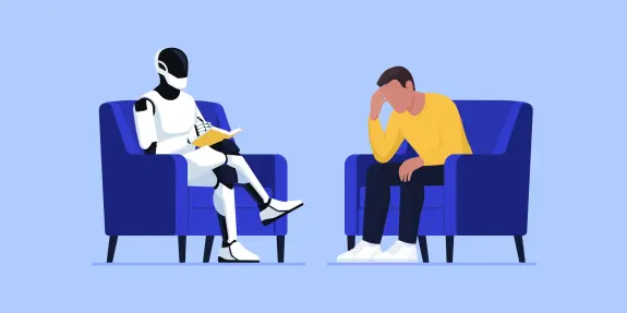 A humanoid robot sits with a notepad, while a distressed person in a yellow sweater rests their head in their hand.