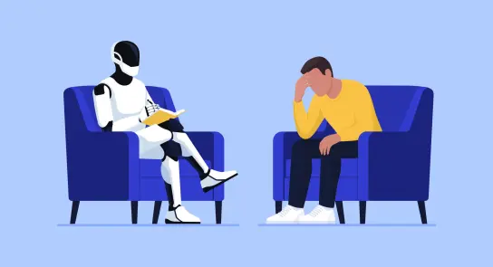 A humanoid robot sits with a notepad, while a distressed person in a yellow sweater rests their head in their hand.