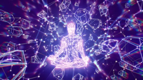 A glowing, wireframe figure meditates amidst floating geometric shapes and vibrant light trails.