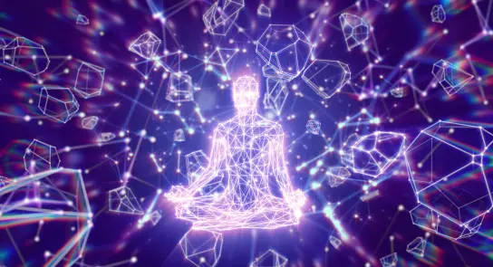 A glowing, wireframe figure meditates amidst floating geometric shapes and vibrant light trails.