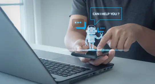 A person interacts with a smartphone displaying a virtual assistant robot, with speech bubbles asking, "Can I help you?