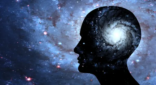 Silhouette of a human head filled with a swirling galaxy against a starry background, symbolizing cosmic thoughts.