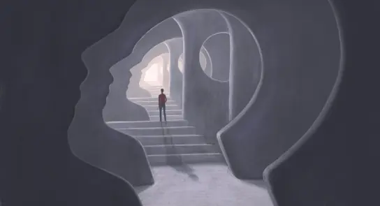 A figure stands on stairs within a surreal, abstract space shaped like human profiles, illuminated by soft light.