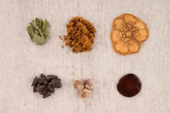 An assortment of spices and herbs: dried leaves, brown sugar, a round spice slice, seeds, and dark resin pieces.