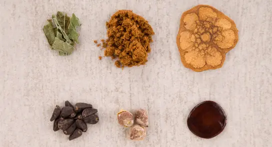 An assortment of spices and herbs: dried leaves, brown sugar, a round spice slice, seeds, and dark resin pieces.