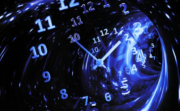 Swirling clock face with numbers and hands, set against a cosmic blue background, suggesting time distortion.