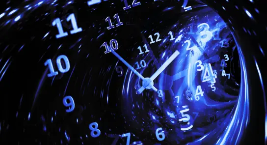 Swirling clock face with numbers and hands, set against a cosmic blue background, suggesting time distortion.