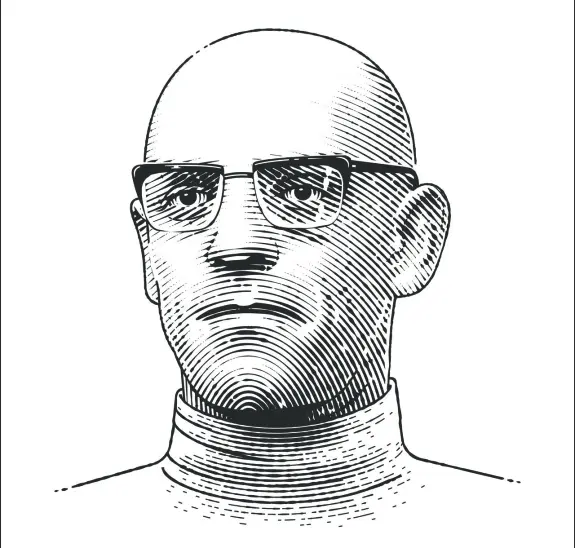Bald man with glasses and a serious expression, wearing a high-necked sweater, illustrated in a linear style.