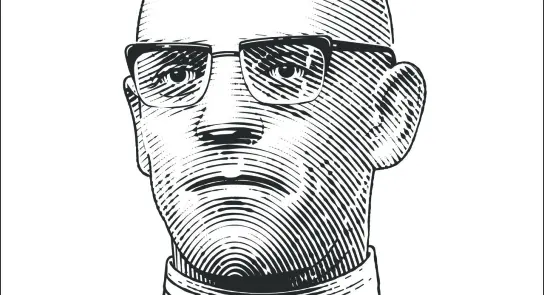 Bald man with glasses and a serious expression, wearing a high-necked sweater, illustrated in a linear style.