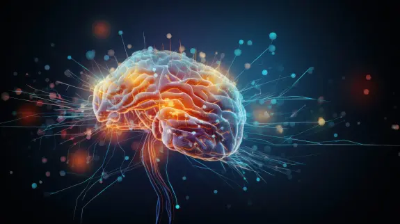 A glowing, abstract representation of a brain with vibrant colors and dynamic light effects, symbolizing neural activity.