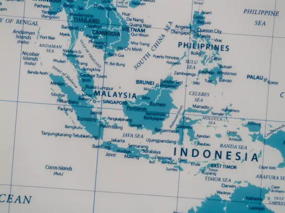 Map highlighting Southeast Asia, featuring countries like Malaysia, Indonesia, and the Philippines in blue tones.