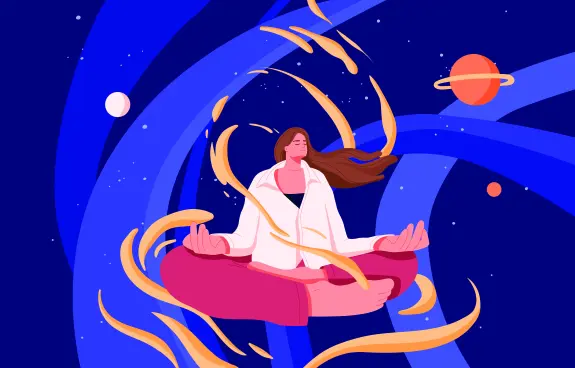 A woman meditates in space, surrounded by swirling golden energy, planets, and a deep blue cosmic background.