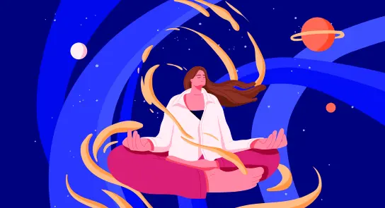 A woman meditates in space, surrounded by swirling golden energy, planets, and a deep blue cosmic background.