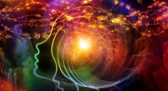 Colorful abstract representation of a human head with swirling patterns and bright cosmic elements, symbolizing creativity...