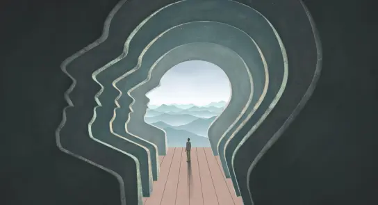 Silhouettes of human faces in profile, leading to a figure standing on a platform with distant mountains and a cloudy sky.