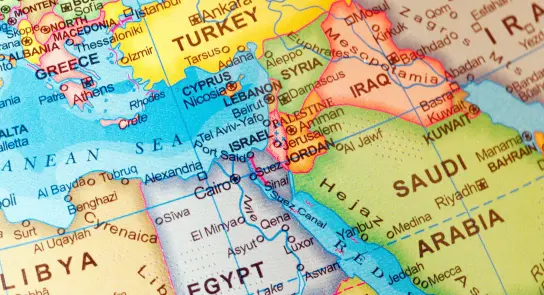 Map highlighting Middle Eastern countries, including Turkey, Israel, Egypt, and Saudi Arabia, with colorful borders and la...