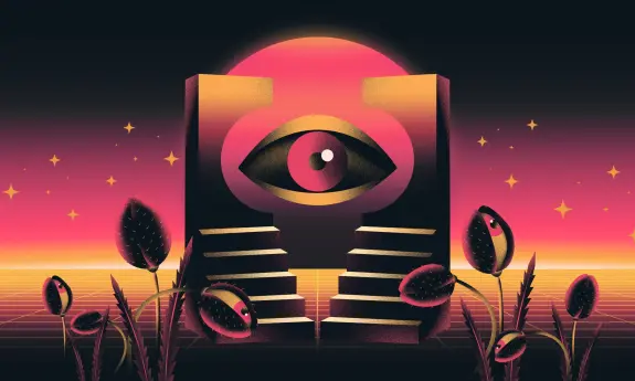 A surreal scene featuring a large eye within a geometric arch, surrounded by stylized plants against a vibrant sunset back...