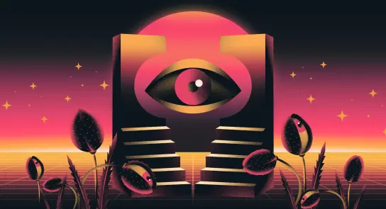 A surreal scene featuring a large eye within a geometric arch, surrounded by stylized plants against a vibrant sunset back...