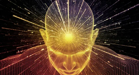 A glowing, wireframe head emanates radiant beams of light, symbolizing thought and creativity against a dark background.