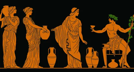 Four ancient Greek figures, two women with jars, one woman in a flowing dress, and a man holding a cup and staff.
