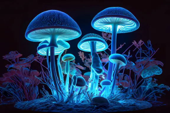 Glowing blue mushrooms surrounded by vibrant, colorful plants against a dark background.