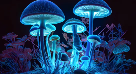 Glowing blue mushrooms surrounded by vibrant, colorful plants against a dark background.