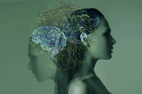 Silhouette of a woman with a digital brain overlay, featuring intricate neural patterns against a green background.