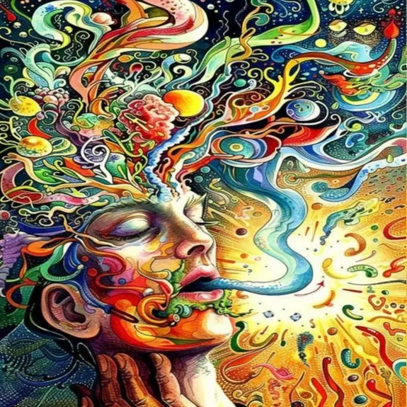 A vibrant explosion of colors and swirling patterns emanates from a serene face, symbolizing creativity and imagination.