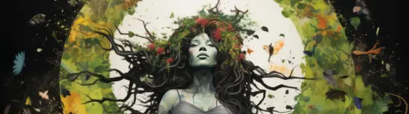 A serene figure with flowing hair adorned with flowers and branches, surrounded by vibrant nature elements and soft light.
