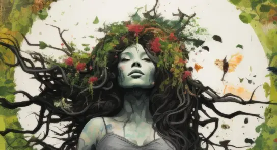 A serene figure with flowing hair adorned with flowers and branches, surrounded by vibrant nature elements and soft light.