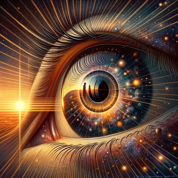 A cosmic eye reflecting a starry universe, with vibrant colors and radiant light beams emanating from the center.