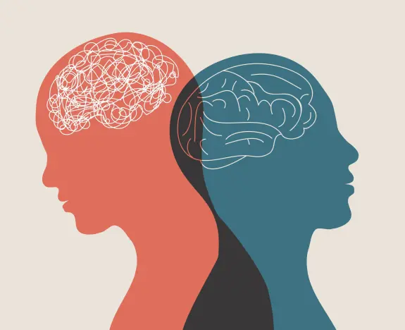 Silhouettes of two heads in profile, one with a chaotic red brain and the other with a calm blue brain.