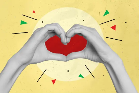 Two hands forming a heart shape against a yellow background with geometric shapes and a large sun-like circle.