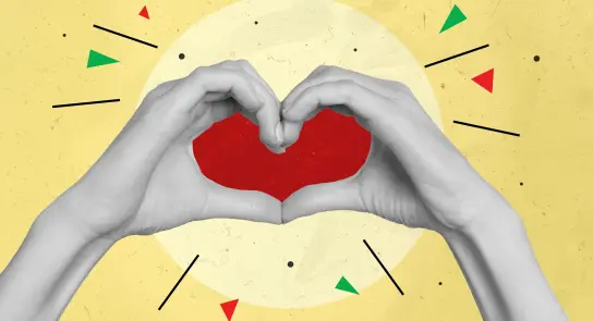 Two hands forming a heart shape against a yellow background with geometric shapes and a large sun-like circle.