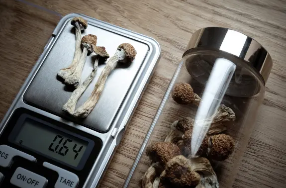 Dried mushrooms on a digital scale, with a glass jar containing more mushrooms beside it.