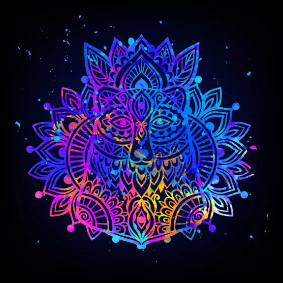 Colorful mandala design featuring a stylized wolf face, surrounded by intricate floral patterns on a dark background.