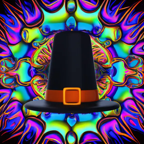 A black pilgrim hat with an orange buckle against a vibrant, swirling psychedelic background.