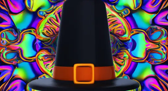 A black pilgrim hat with an orange buckle against a vibrant, swirling psychedelic background.