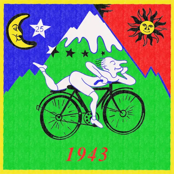 A whimsical illustration of a person lounging on a bicycle, surrounded by mountains, a moon, and a sun, dated 1943.