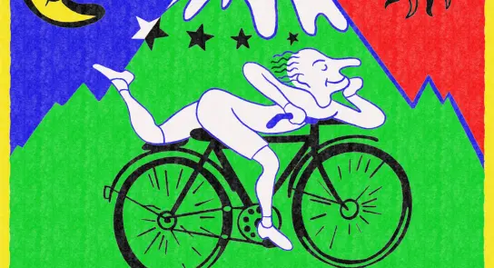 A whimsical illustration of a person lounging on a bicycle, surrounded by mountains, a moon, and a sun, dated 1943.