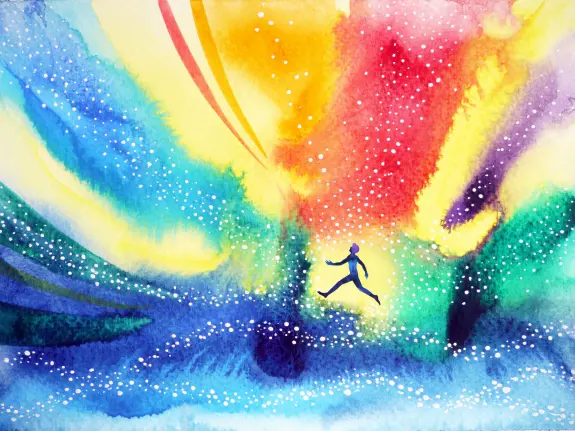 A silhouette of a runner amidst vibrant, swirling colors and specks of white, evoking a sense of movement and freedom.