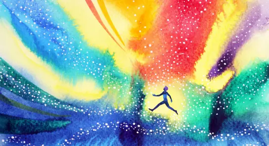 A silhouette of a runner amidst vibrant, swirling colors and specks of white, evoking a sense of movement and freedom.