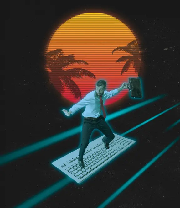 A businessman in a suit balances on a giant keyboard, with a vibrant sunset and palm trees in the background.